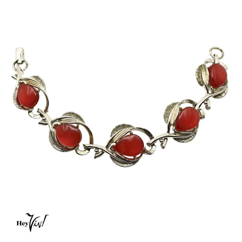 Vintage Red Cabochon Thermoset Bracelet Silver Tone Leaf Design 7.25" - Hey Viv